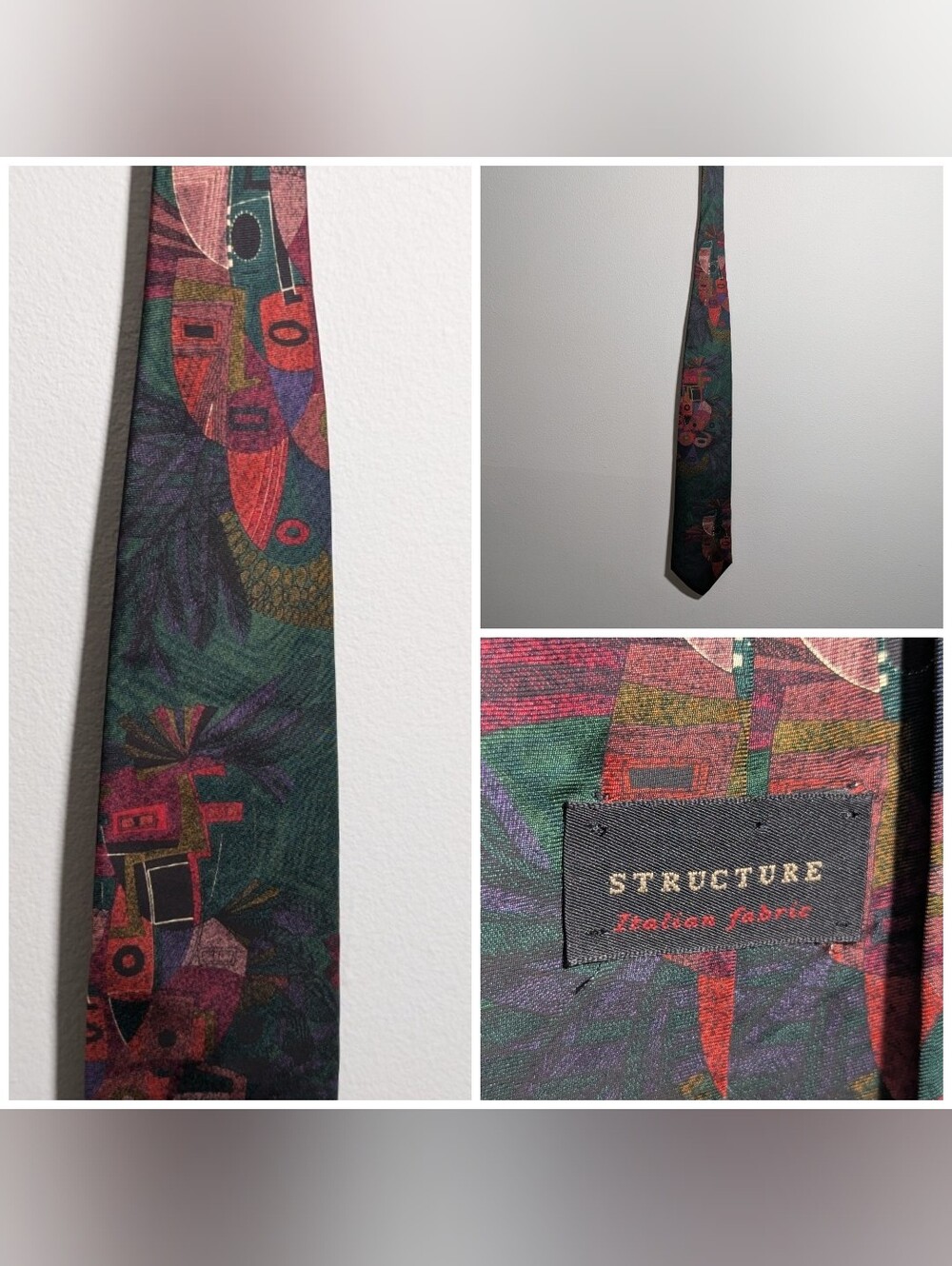 Vintage 90s /Y2K Structure Italian Silk Multicolor Art Printed Men’s Tie USA